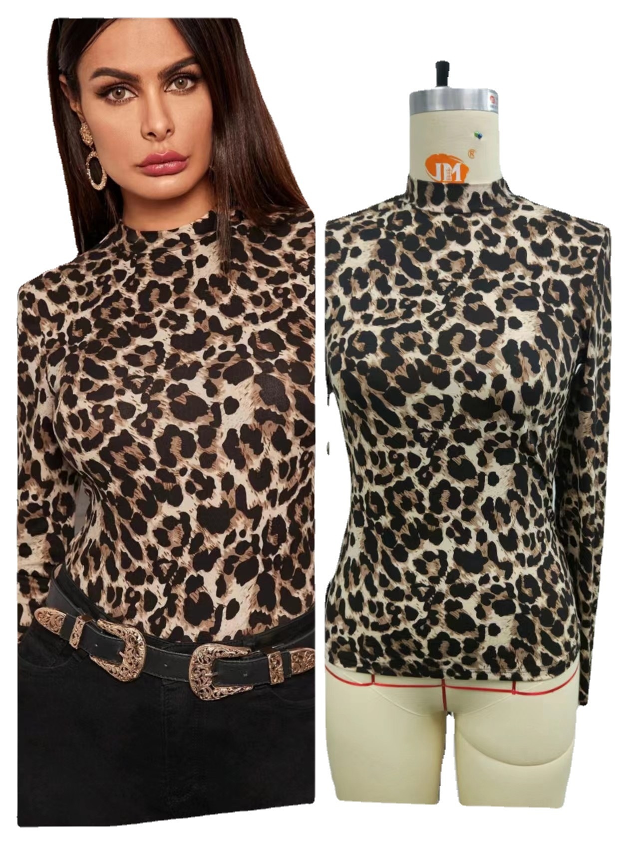 Leopard Print Long Sleeve Crop Top Fashion Slim T-shirts Thermal Underwear